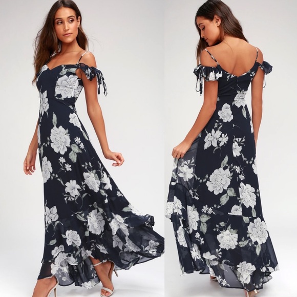Lulus Dresses & Skirts - Lulus NWT A-Bouquet Navy Blue Floral Print Off-the-Shoulder Maxi Dress Medium